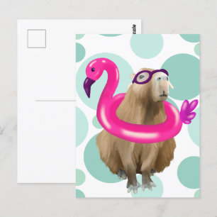 Zwembad Party Leuke Capybara met roze flamingo vlo Briefkaart
