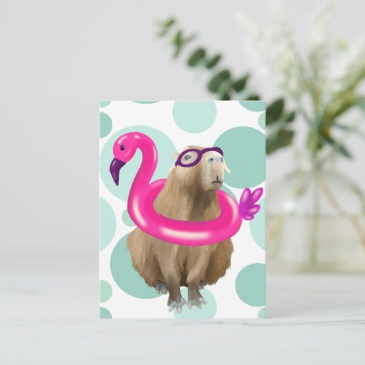 Zwembad Party Leuke Capybara met roze flamingo vlo Briefkaart (Staand voorkant)
