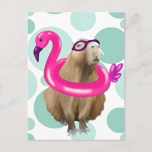 Zwembad Party Leuke Capybara met roze flamingo vlo Briefkaart (Voorkant)