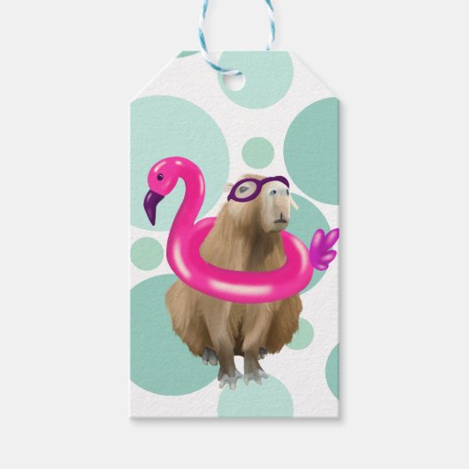 Zwembad Party Leuke Capybara met roze flamingo vlo Cadeaulabel (Voorkant)