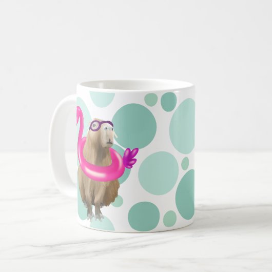 Zwembad Party Leuke Capybara met roze flamingo vlo Koffiemok (Voorkant links)