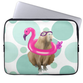 Zwembad Party Leuke Capybara met roze flamingo vlo Laptop Sleeve