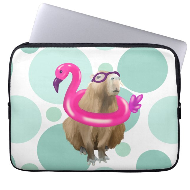 Zwembad Party Leuke Capybara met roze flamingo vlo Laptop Sleeve (Voorkant)