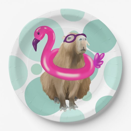 Zwembad Party Leuke Capybara met roze flamingo vlo Papieren Bordje (Voorkant)