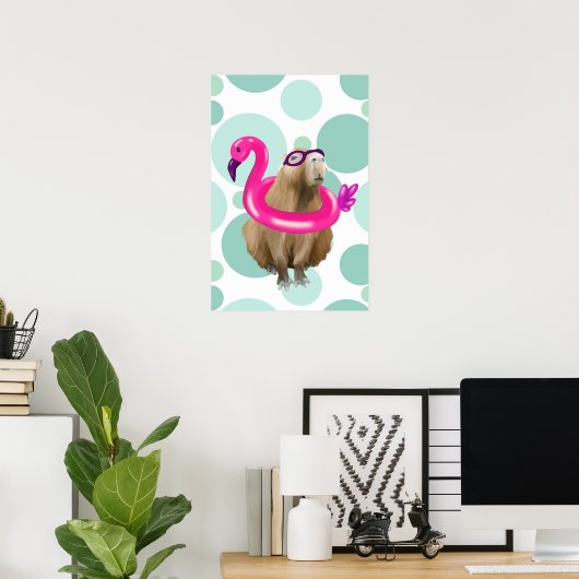 Zwembad Party Leuke Capybara met roze flamingo vlo Poster (Thuiskantoor)