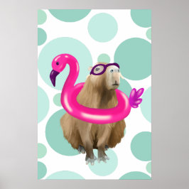 Zwembad Party Leuke Capybara met roze flamingo vlo Poster