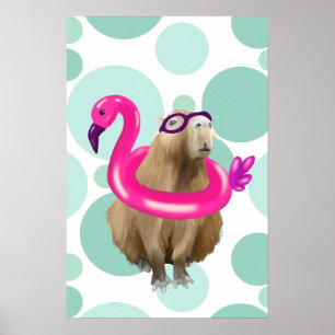 Zwembad Party Leuke Capybara met roze flamingo vlo Poster