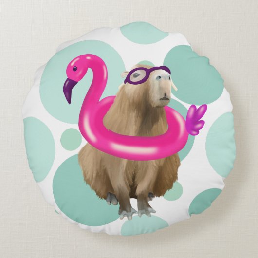Zwembad Party Leuke Capybara met roze flamingo vlo Rond Kussen (Achterkant)