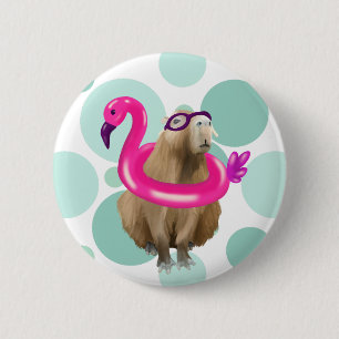 Zwembad Party Leuke Capybara met roze flamingo vlo Ronde Button 5,7 Cm