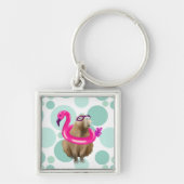Zwembad Party Leuke Capybara met roze flamingo vlo Sleutelhanger (Voorkant)