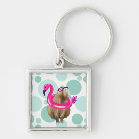 Zwembad Party Leuke Capybara met roze flamingo vlo Sleutelhanger (Voorkant)