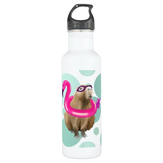 Zwembad Party Leuke Capybara met roze flamingo vlo Waterfles (Voorkant)