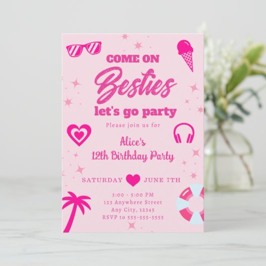 Zwembad Party Malibu Pink Doll Beach Verjaardag Kaart (Staand voorkant)