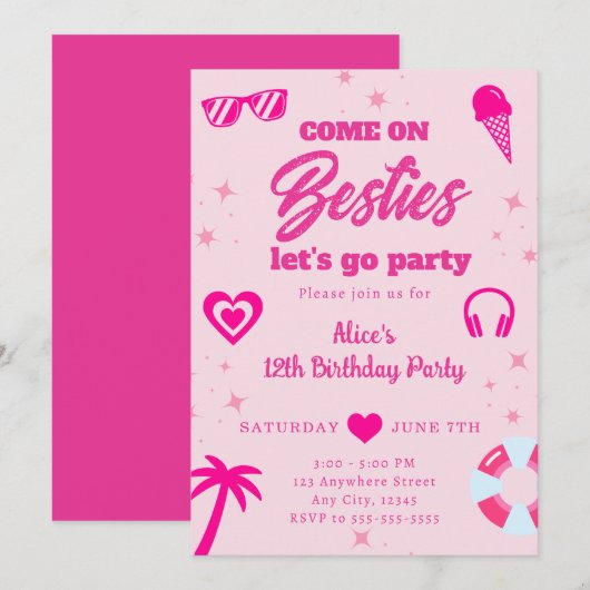 Zwembad Party Malibu Pink Doll Beach Verjaardag Kaart (Voorkant / Achterkant)