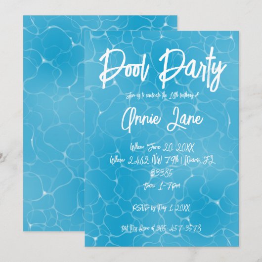 Zwembad Party Sweet 16 Water Blue Minimalist Bday Kaart (Voorkant / Achterkant)