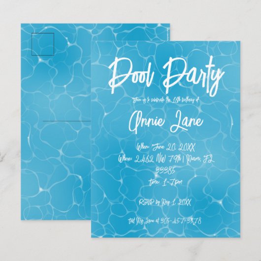 Zwembad Party Sweet 16 Water Blue Minimalist Bday Uitnodiging Briefkaart (Voorkant / Achterkant)