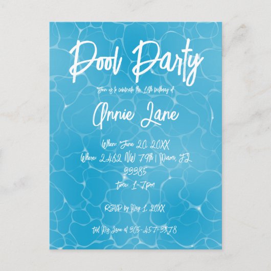 Zwembad Party Sweet 16 Water Blue Minimalist Bday Uitnodiging Briefkaart (Voorkant)