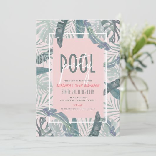 Zwembad Party Tropische bladeren Roze Volwassen Ve Kaart (Staand voorkant)
