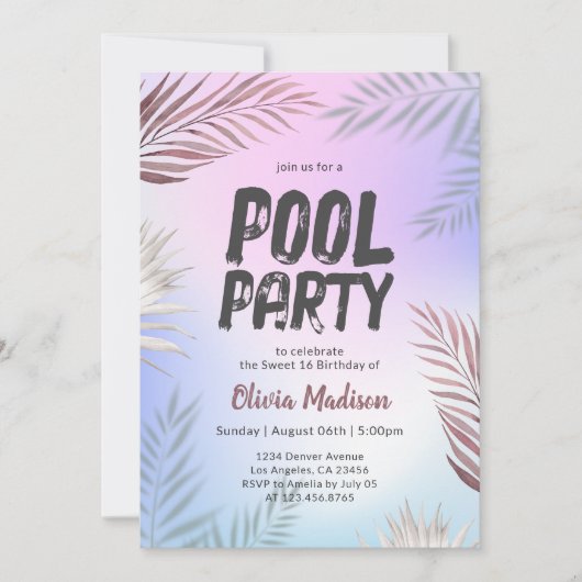 Zwembad Party Tropische Palm Sweet 16 Verjaardag Kaart (Voorkant)