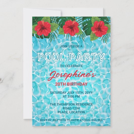 Zwembad Party Tropische Rode Hibiscus Bloemen Verj Kaart (Voorkant)