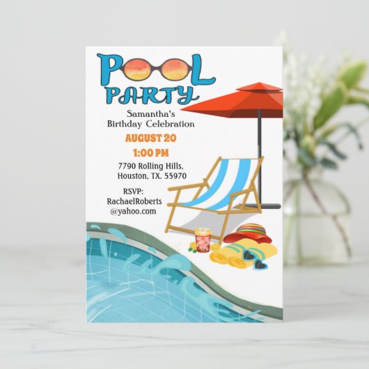 Zwembad Party Verjaardag uitnodiging (Staand voorkant)