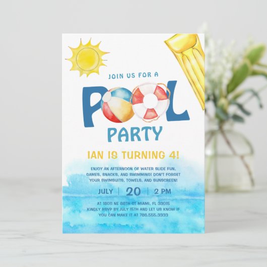 Zwembad Party Verjaardag Uitnodiging Leuk Water Zo (Staand voorkant)