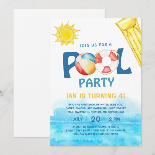 Zwembad Party Verjaardag Uitnodiging Leuk Water Zo (Voorkant / Achterkant)