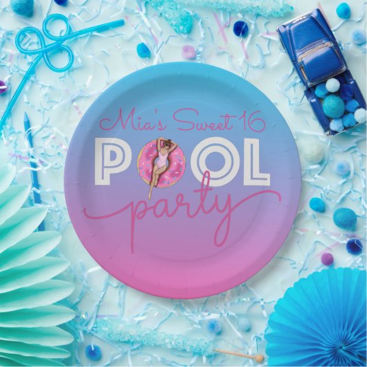 Zwembad Party Waterverf Ombre Donut Float Sweet 16 Papieren Bordje (Feest)