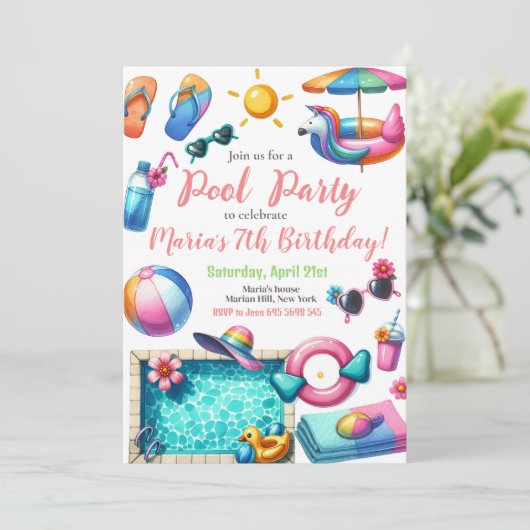 Zwembad Party Waterverf Zomer Thema Verjaardag Kaart (Staand voorkant)