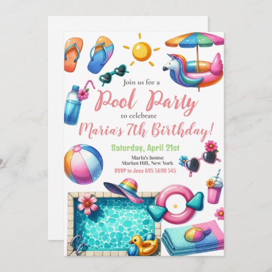 Zwembad Party Waterverf Zomer Thema Verjaardag Kaart (Voorkant / Achterkant)