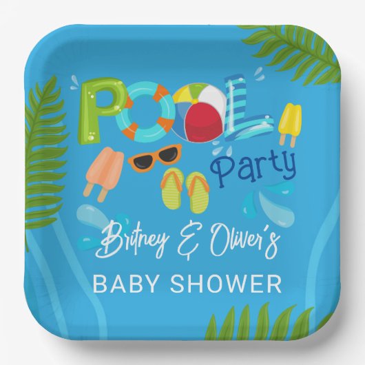 Zwembad Party Zomer Jongen Baby shower Papieren Bordje (Voorkant)