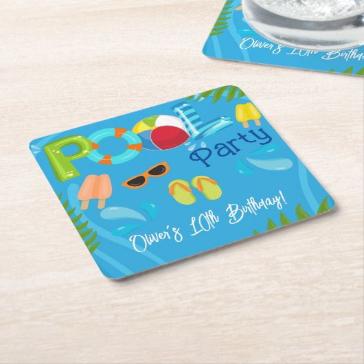 Zwembad Party Zomer Jongen Verjaardagsfeest Kartonnen Onderzetters (Schuin)