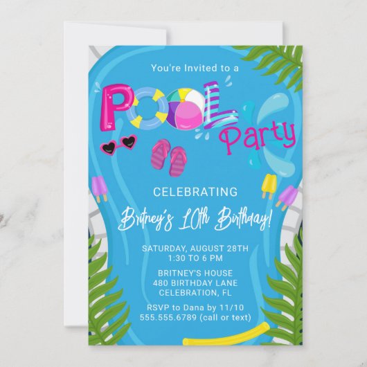 Zwembad Party Zomer Meisje Verjaardag Party Uitnod Kaart (Voorkant)