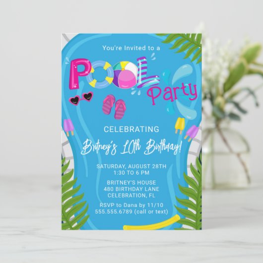 Zwembad Party Zomer Meisje Verjaardag Party Uitnod Kaart (Staand voorkant)