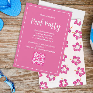 Zwembad Party Zomer Roze Tropisch Bloemen Strand Kaart
