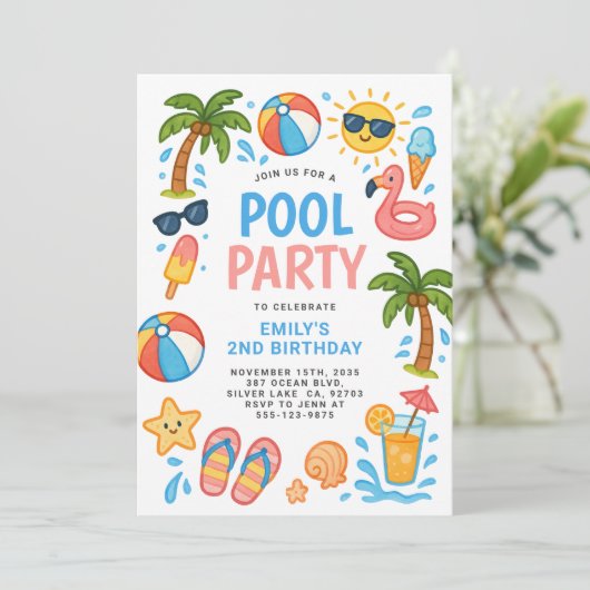 Zwembad Party Zomer Verjaardag Party Uitnodiging (Staand voorkant)