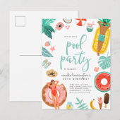 Zwembad Party Zomer Verjaardag Uitnodiging Briefkaart (Voorkant / Achterkant)