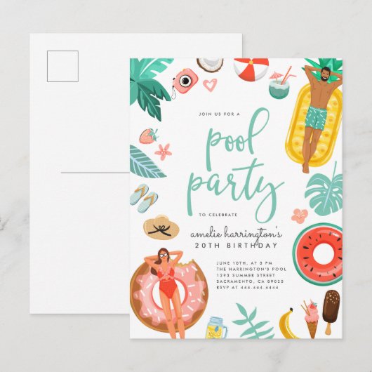 Zwembad Party Zomer Verjaardag Uitnodiging Briefkaart (Voorkant / Achterkant)