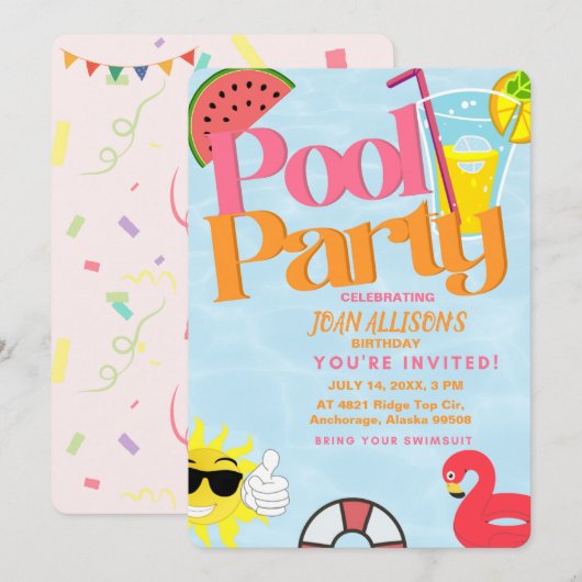 Zwembad Party Zomer Verjaardag uitnodiging Waterme (Voorkant / Achterkant)