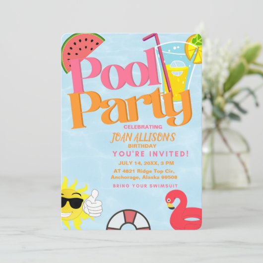 Zwembad Party Zomer Verjaardag uitnodiging Waterme (Staand voorkant)