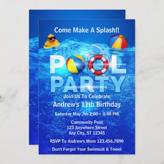 Zwembad Party Zomer Zwemmen Splash Verjaardag Kaart (Voorkant / Achterkant)