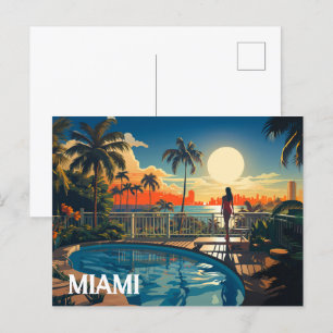 Zwembad patio bij zonsopgang met uitzicht op Miami Briefkaart