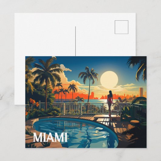 Zwembad patio bij zonsopgang met uitzicht op Miami Briefkaart (Voorkant / Achterkant)