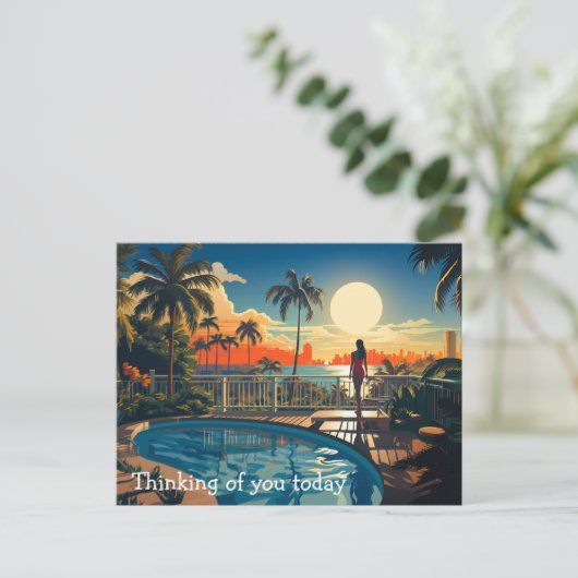 Zwembad patio bij zonsopgang met uitzicht op Miami Briefkaart (Staand voorkant)