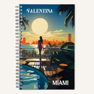 Zwembad patio bij zonsopgang met uitzicht op Miami Notitieboek