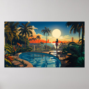 Zwembad patio bij zonsopgang met uitzicht op Miami Poster