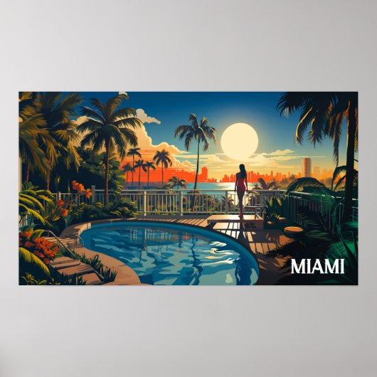 Zwembad patio bij zonsopgang met uitzicht op Miami Poster (Voorkant)