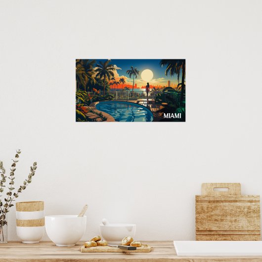 Zwembad patio bij zonsopgang met uitzicht op Miami Poster (Keuken)