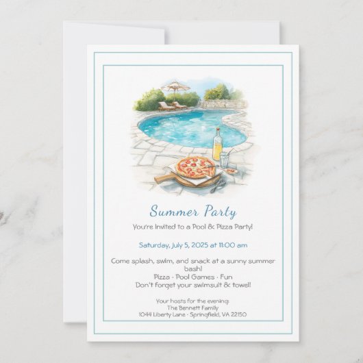 Zwembad & Pizza Zomerfeest Uitnodiging (Voorkant)