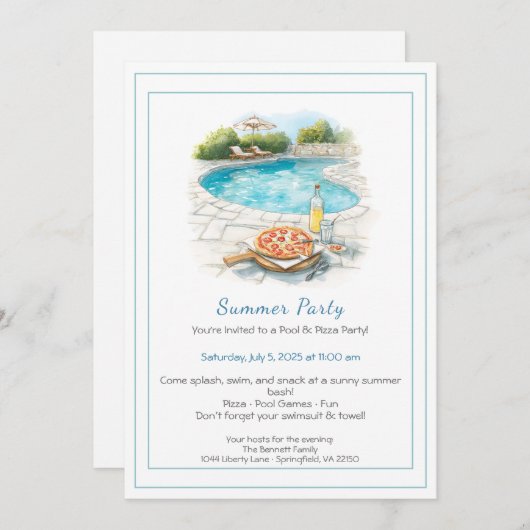 Zwembad & Pizza Zomerfeest Uitnodiging (Voorkant / Achterkant)